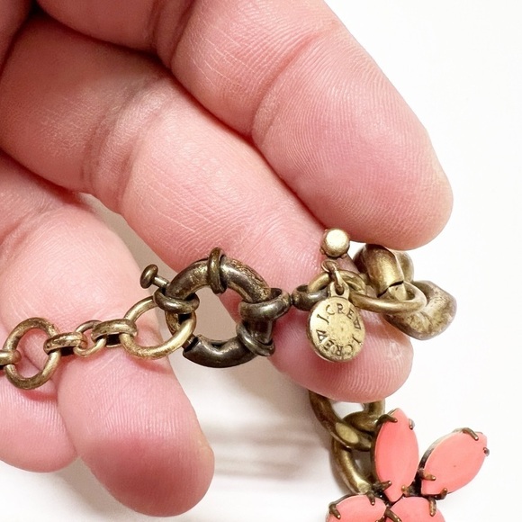 J Crew Womens Bright Pink Coral Floral Stoned Matte Gold Plated Brass Necklace - Picture 6 of 6